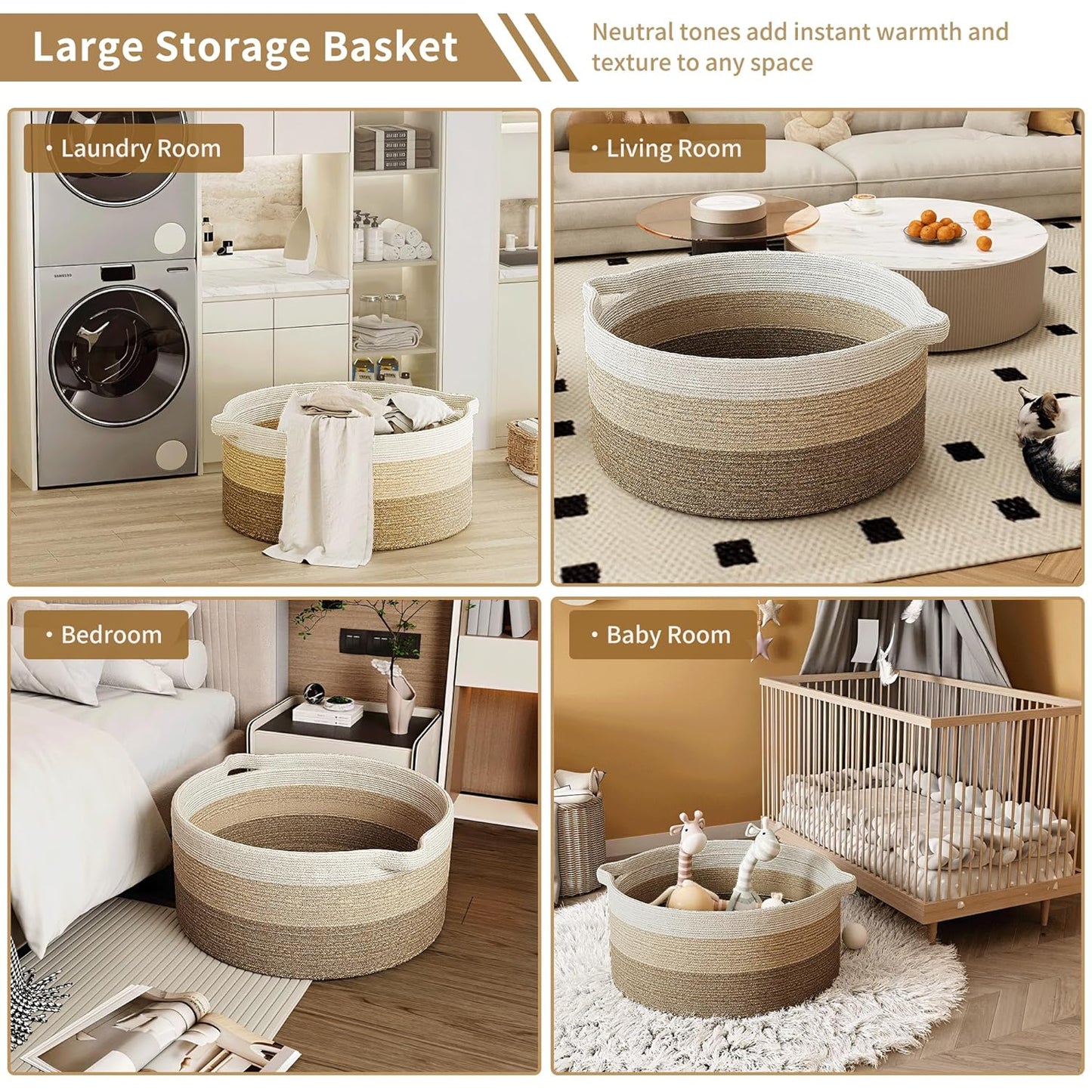 125L Extra Large Blanket Basket, 25" x 16", Jumbo Laundry Woven Cotton Rope Basket with Handles, Baby Toy Storage, Gradual Brown