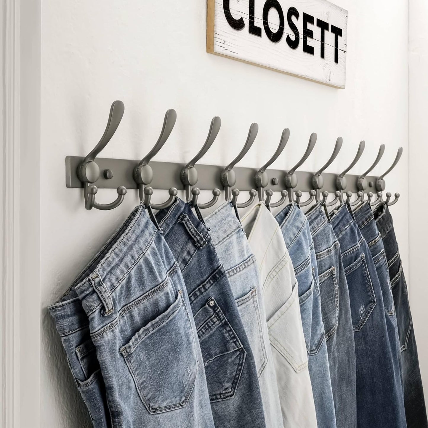 Dseap MaxStrong 2.0 Coat Rack Wall - 37” Long 10 Tri Hooks - Ultra Heavy-Duty Stainless Steel Wall Mount Coat Hanger, Hook Rail for Clothes Hats Jacket Towels Grey