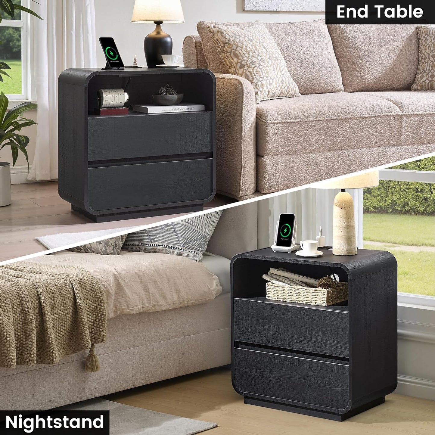 Black Nightstand with Charging Station, 25" Tall Wood Bedside Table, Modern End Table with 2 Storage Drawers, Curved Profile, Mid Century Night Stand for Bedroom, Dorm, Sofa, Office