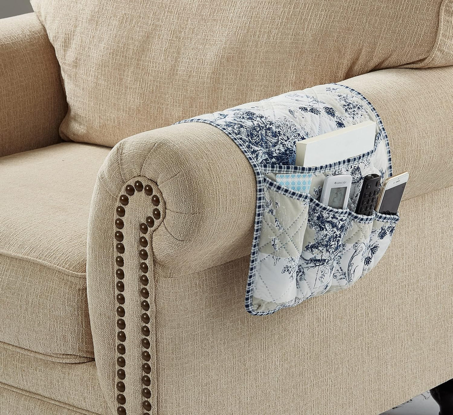 Brilliant Sunshine Blue Toile Couch Sofa Armrest 5 Pockets Organizer, Slip Resistant Recliner Armchair Caddy, Washable Remote Controls Holder, Storage for Magazine, Tablet, Phone, iPad, 35×13", Blue