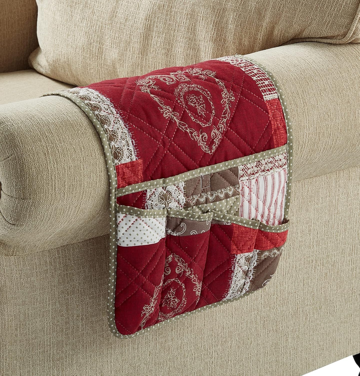 Brilliant Sunshine Burgundy Floral Patchwork Couch Armrest 5 Pockets Organizer, Slip Resistant Armchair Caddy, Washable Remote Controls Holder, Storage for Magazine, Tablet, iPad, 35×13", Burgundy