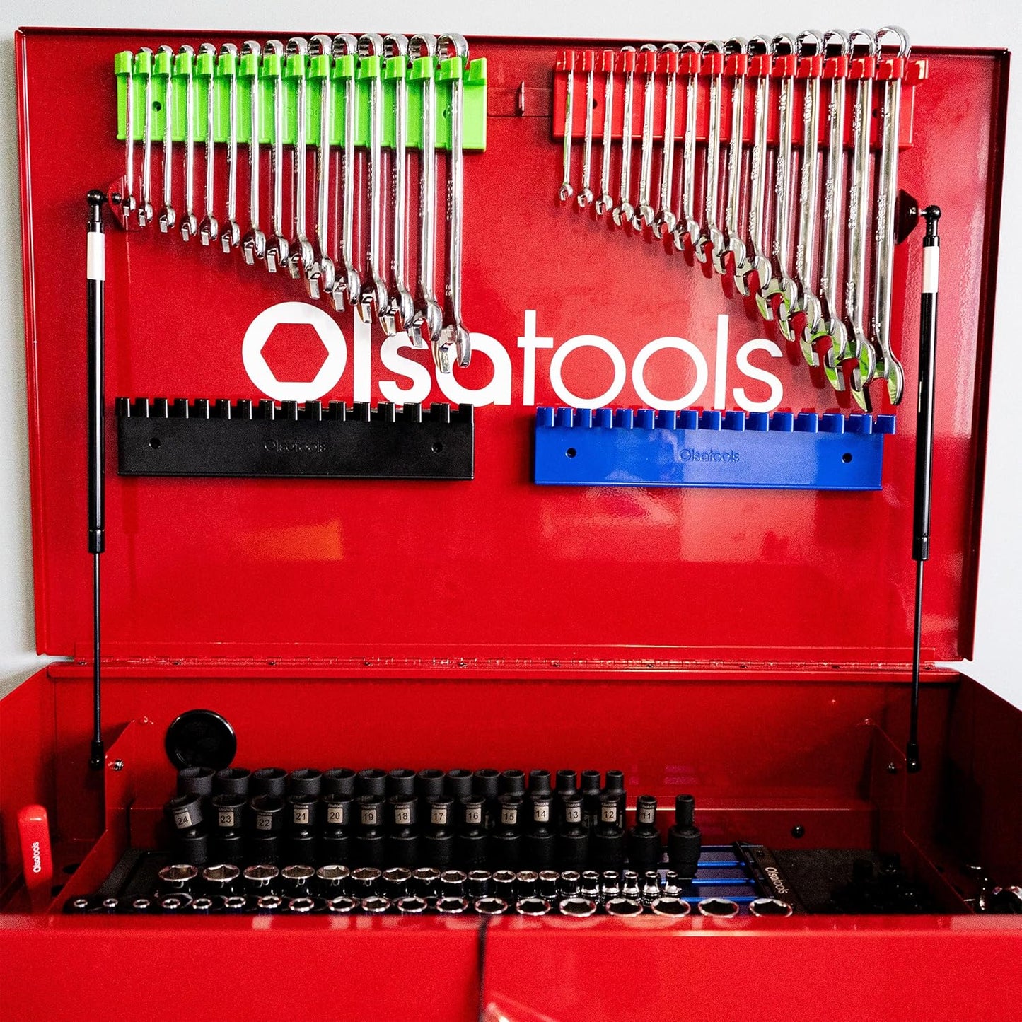 Olsa Tools Magnetic Wrench Organizer, Green - 15 Slot Wrench Holder Rack - SAE and Metric Wrench Storage Rail for Toolbox or Wall - Scratch Free Rubberized Magnetic Base - Part: 1875