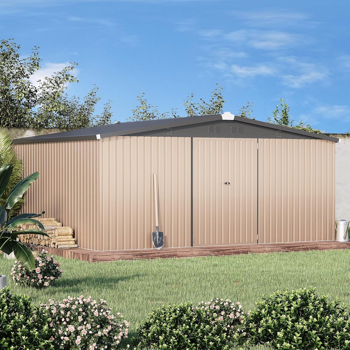 AECOJOY 12' x 14' Shed Outdoor Metal Storage, Large Storage Sheds & Outdoor Storage Clearance 14' x 12', Large Steel Yard Shed, Tool Storage for Garden, Backyard, Patio, Outside use in Grey