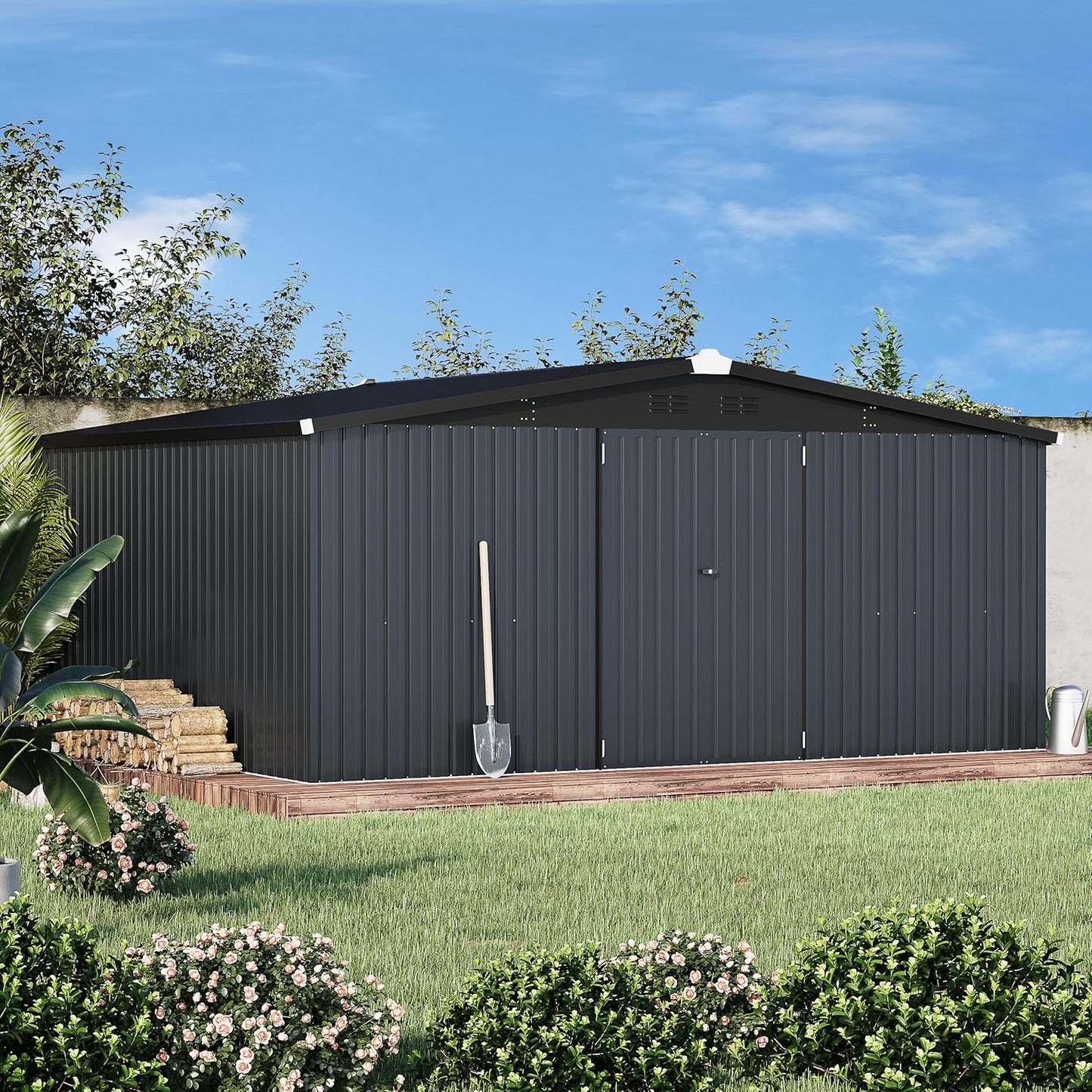 AECOJOY Shed 12' x 14' Storage Shed, Outdoor Metal Storage Sheds & Outdoor Storage 14x12 with Lockable Doors, Large Steel Yard Shed, Utility Tool Storage for Garden, Patio, Outside use in Dark Grey