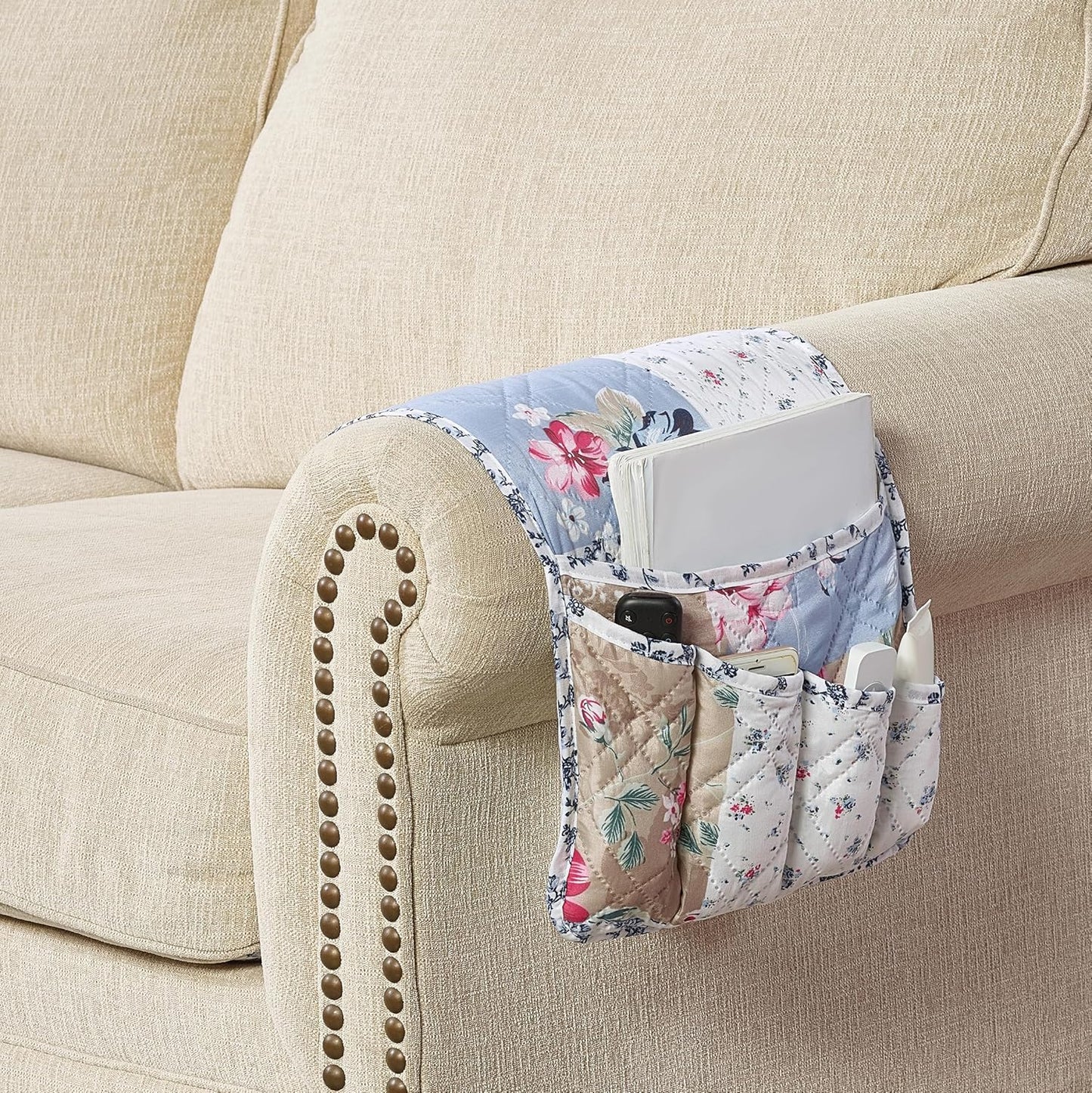 Brilliant Sunshine Pink and Blue Roses Toile Couch Armrest 5 Pockets Organizer, Slip Resistant Armchair Caddy, Washable Remote Controls Holder, Storage for Magazine, Phone, iPad, 35×13", Blue Natural