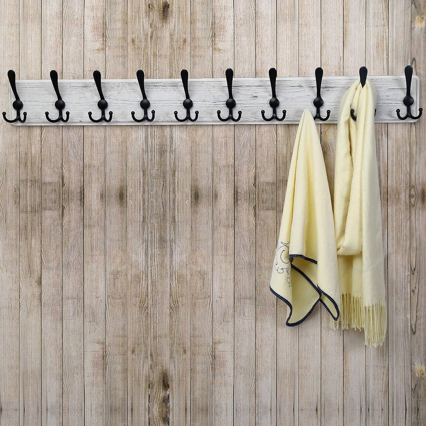 Dseap Coat Rack Wall - Heavy-Duty 38-1/4" Long, with Reinforced 10 Custom Tri-Hooks, Solid Wood Wall Hanger for Coats Hat Jackets - Rustic Farmhouse Entryway Hallway Storage, White & Black