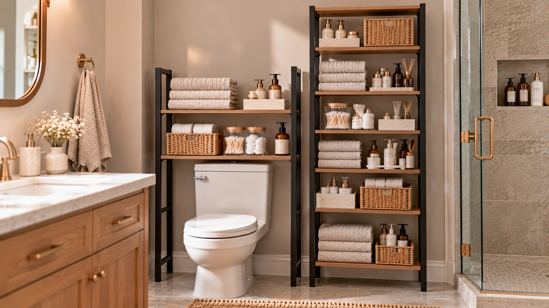 Three-tier over-the-toilet storage beside a six-tier bathroom shelving unit showing different storage capacity for towels, toiletries, and supplies.