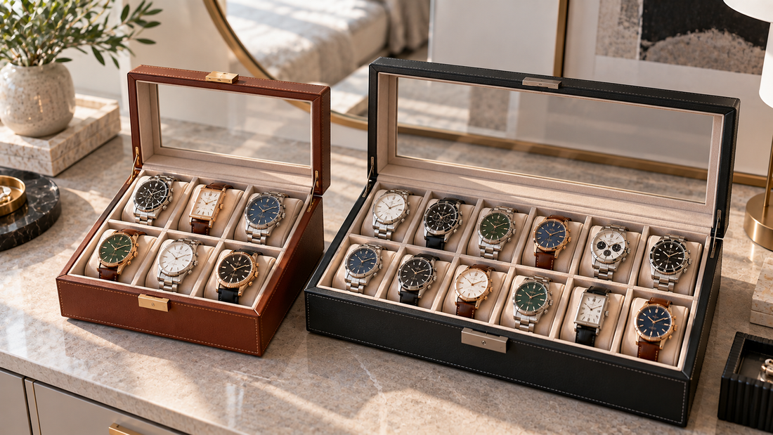 Six-slot and 12-slot watch boxes side by side, comparing compact storage for a smaller watch collection with additional capacity for a growing collection.