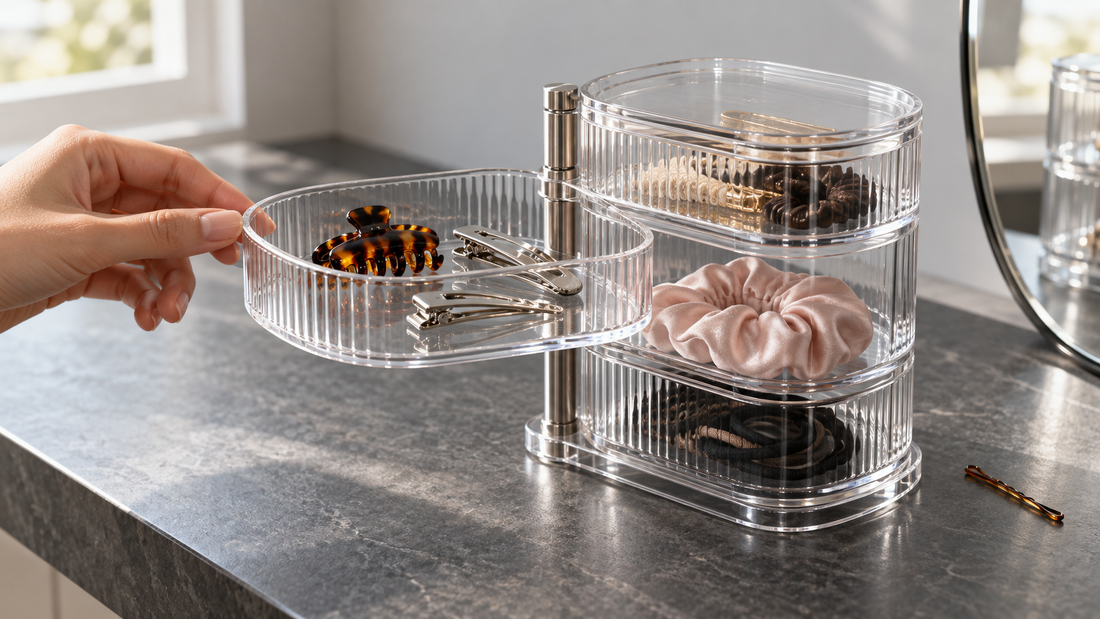 A hand opens a clear acrylic hair-accessory organizer’s individual tray, with space around the tray for accessing clips and barrettes.