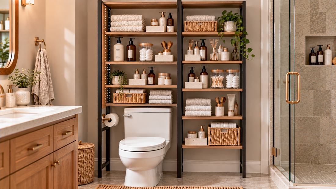 Bathroom storage with adjustable and fixed shelf spacing for tall bottles, short containers, towels, and everyday toiletries.