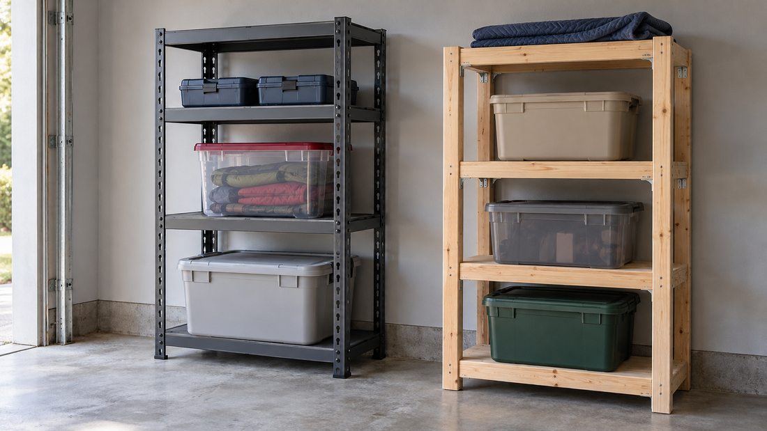 Adjustable steel shelving with varied shelf heights stands beside fixed wooden shelving holding storage bins in a bright garage.