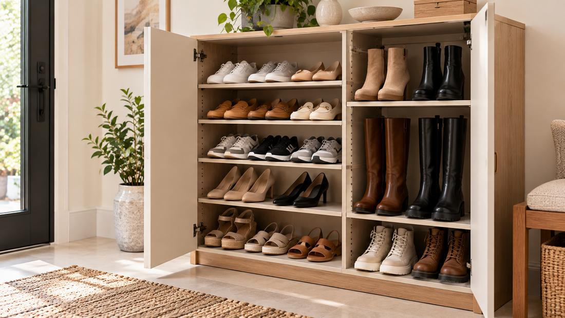 Adjustable shoe cabinet with differently spaced shelves organizing sneakers, flats, ankle boots, and tall boots according to footwear height.