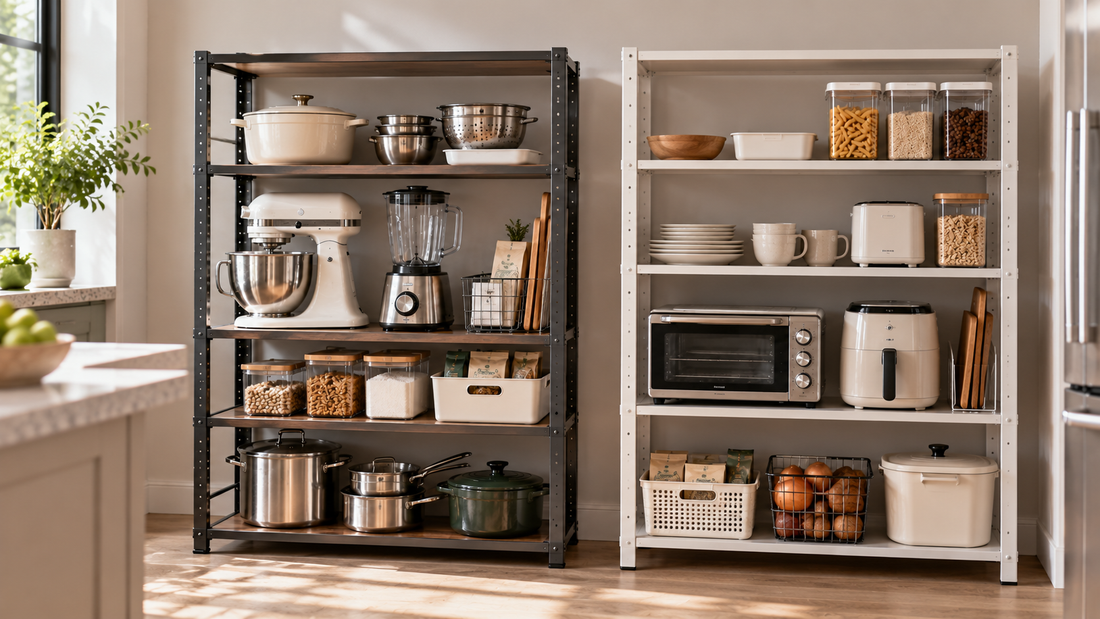 Adjustable and fixed kitchen storage racks organized with appliances, cookware, and pantry supplies of different heights.