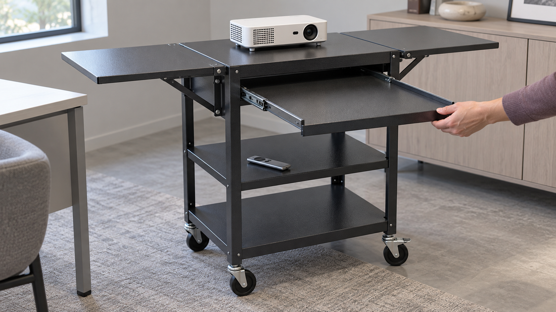 An AV cart with extended drop-leaf side shelves and a slide-out tray positioned clear of nearby furniture.