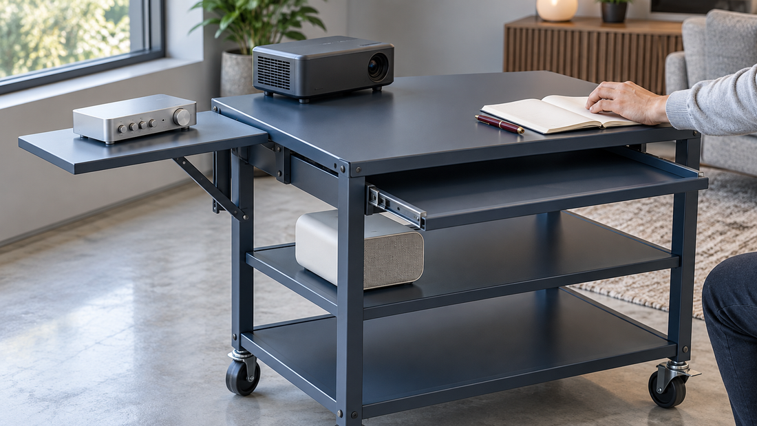 Equipment arranged across an AV cart’s shelves, leaving a clear upper work area for an open notebook.