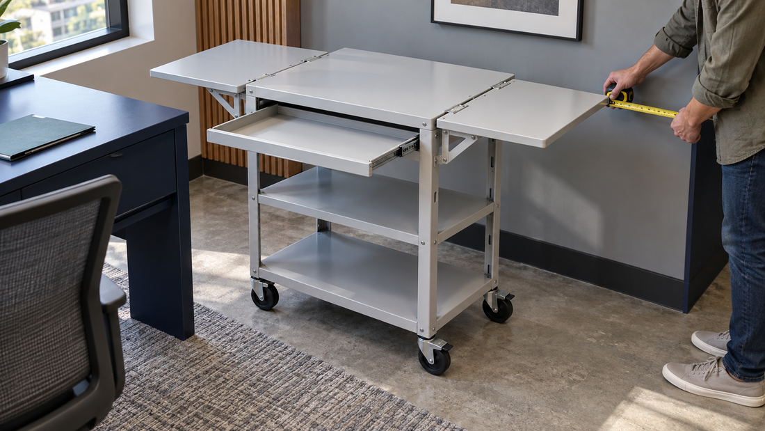 A person checks clearance beside an AV cart with its drop-leaf shelves and slide-out tray extended.