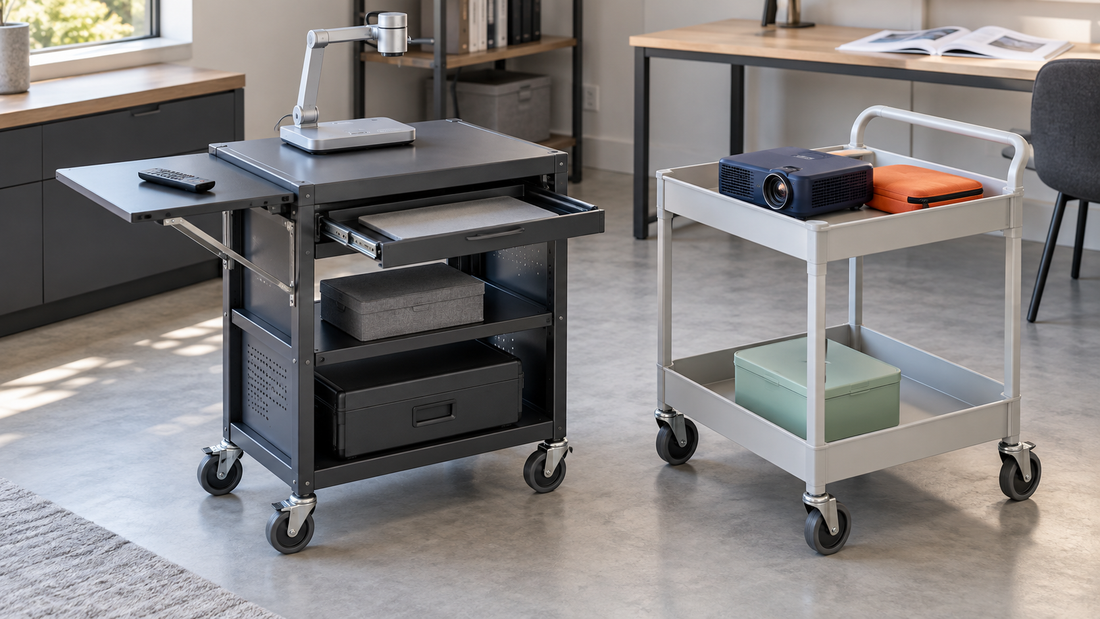 Text: An AV cart with extending work surfaces beside a two-tray utility cart, each holding equipment in a modern workroom.