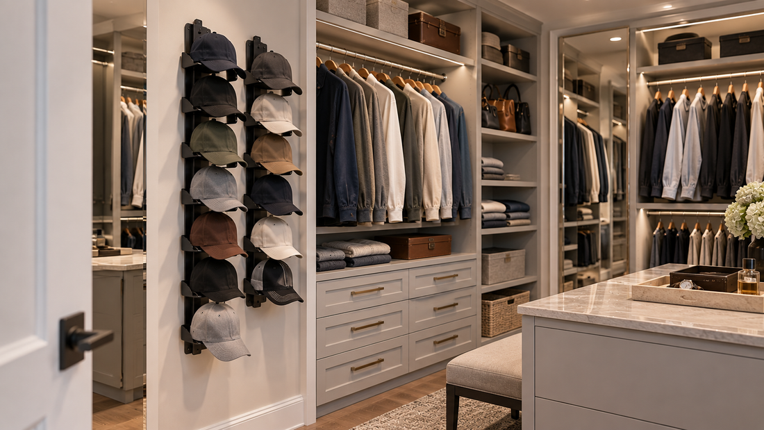 Baseball caps stored vertically on an unused wall in a high-end shared couple’s walk-in closet, leaving shelves free for clothing and accessories.