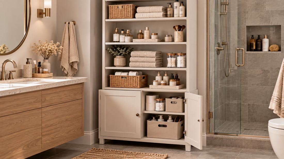 Bathroom storage with open shelves for frequently used toiletries and enclosed compartments for backup supplies and personal belongings.