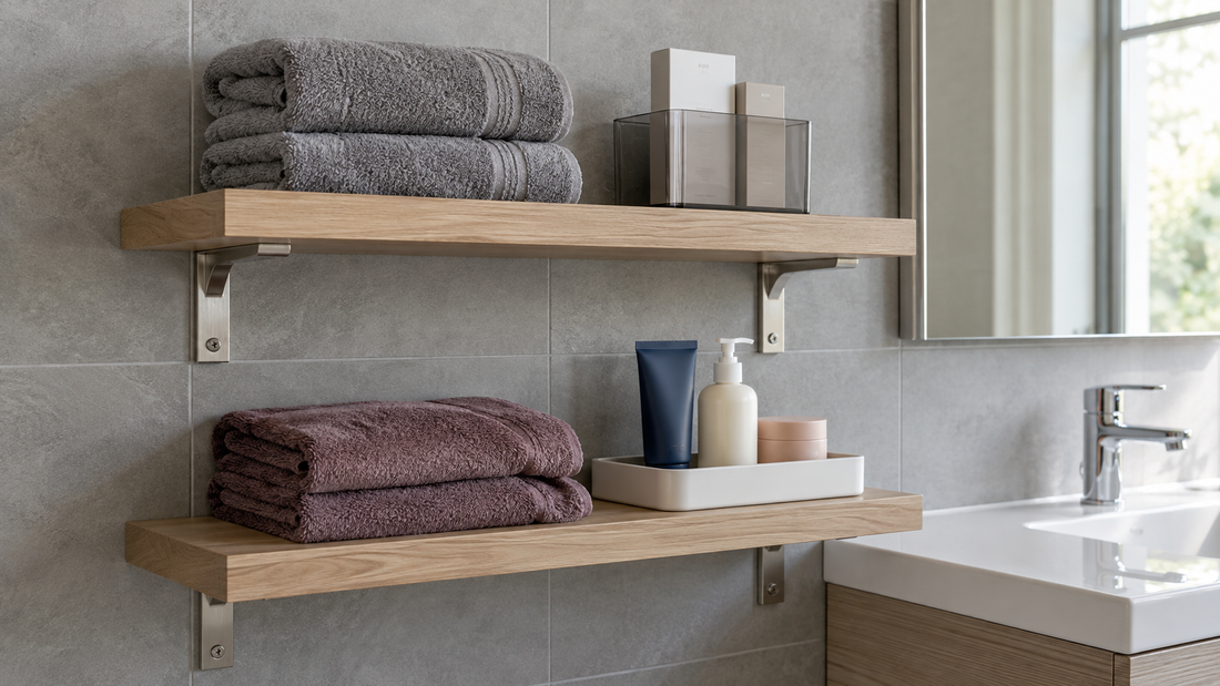 Light wood bathroom shelves holding folded gray and plum towels, a white toiletry tray, and a separate bin for backup supplies beside a vanity.