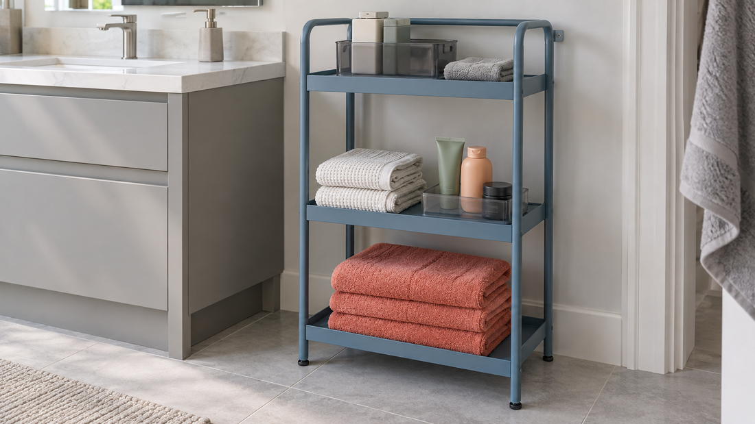 Dusty blue freestanding bathroom shelving beside a gray vanity, holding coral bath towels, white hand towels, and toiletries in separate trays.