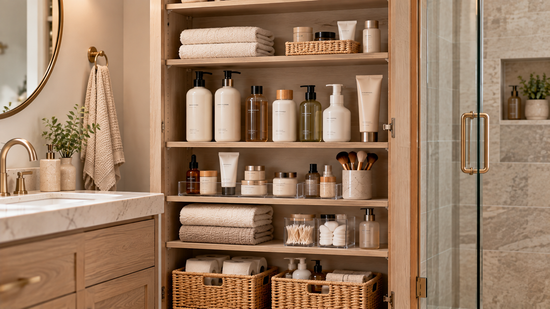 Bathroom shelving organized with tall bottles, shorter containers, and toiletries of different heights to make better use of vertical storage space.