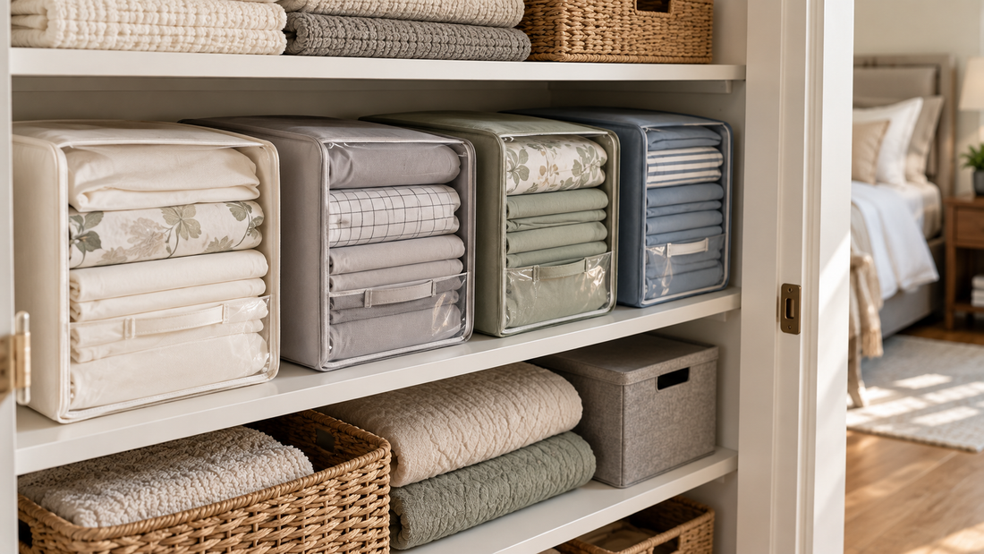 Complete bed sheet sets stored separately in fabric organizers on a linen closet shelf, keeping matching sheets and pillowcases together.