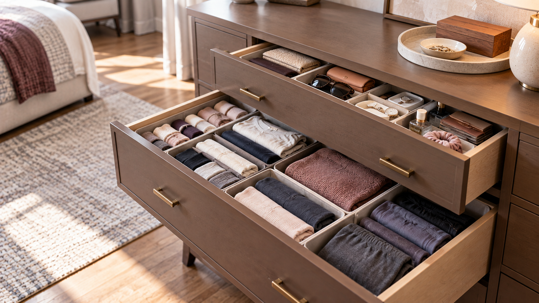 Bedroom storage furniture with folded clothing in larger drawers and personal items such as glasses, watches, accessories, and wallets organized separately.