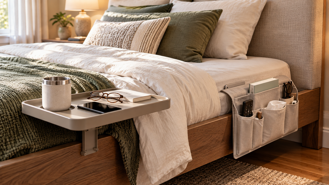 Bedside tray providing a firm surface for a phone, glasses, book, and drink beside a hanging storage caddy with compartments for small bedside essentials.
