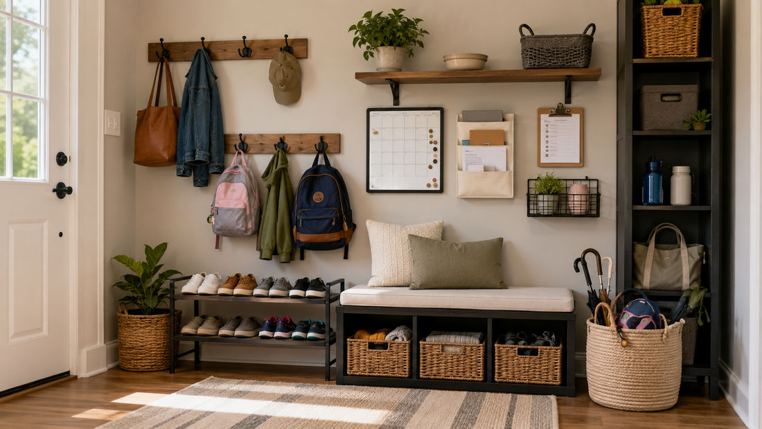 Organized family entryway with shoe storage, wall hooks, backpacks, storage bench, baskets, and a family command center.