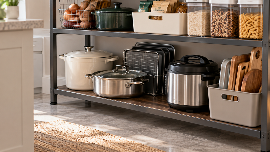 Bulky cookware and small appliances organized on the bottom shelf of a kitchen storage rack for practical, easy-access storage.
