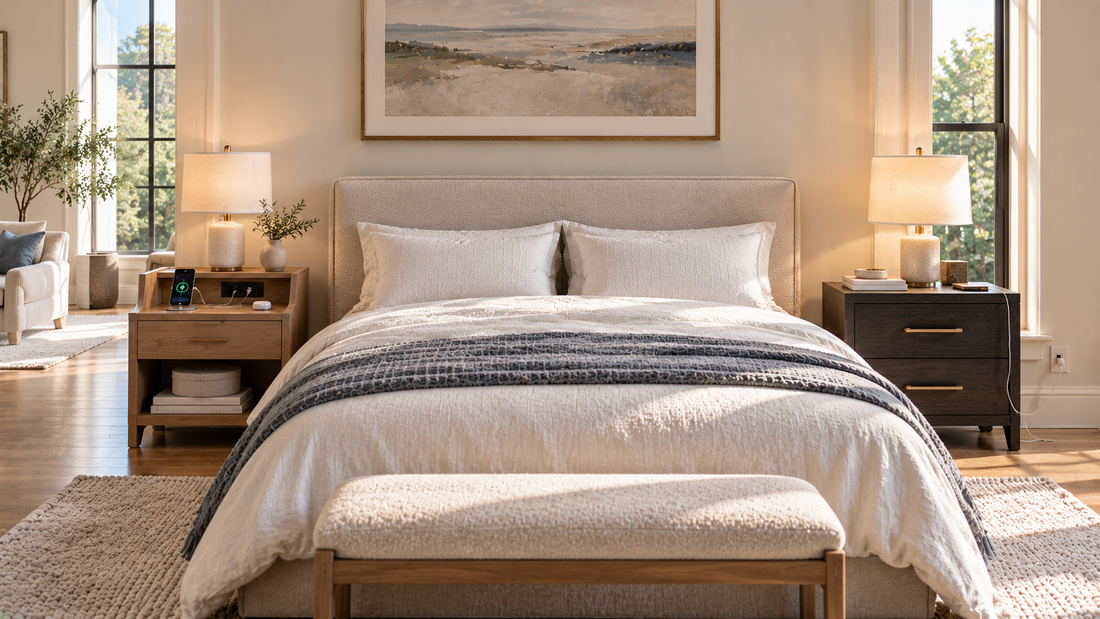 Built-in charging nightstand and standard nightstand beside a bed, comparing integrated power access with a separate wall-outlet charging setup.