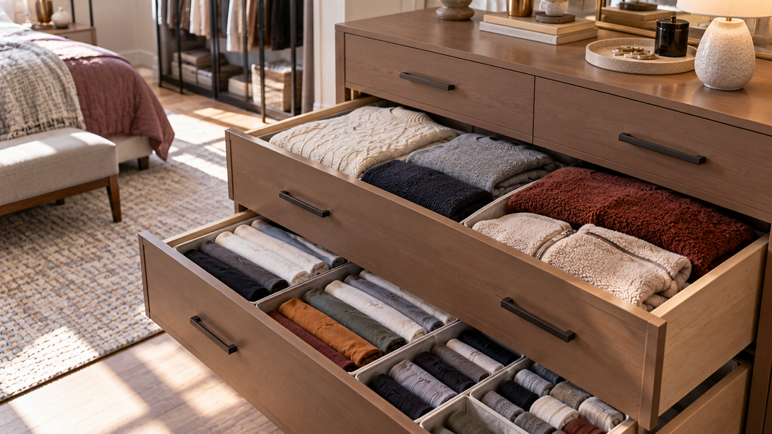 Bedroom dresser with bulky sweaters separated in a spacious drawer while smaller everyday clothing stays organized in dedicated sections below.