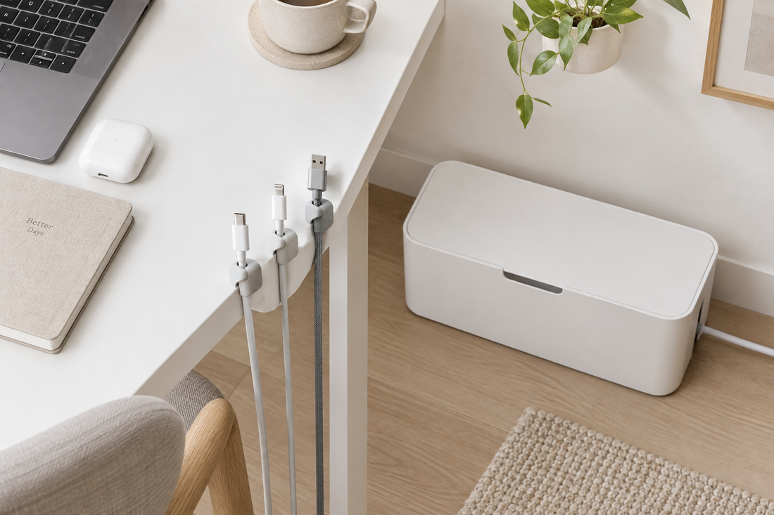 White cable clips on desk edge organizing USB-C and Lightning cables beside a cable management box and laptop
