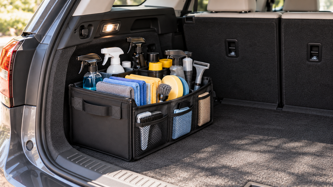 Car cleaning supplies stored upright in a divided trunk organizer with separate sections for bottles, microfiber cloths, brushes, and detailing tools.
