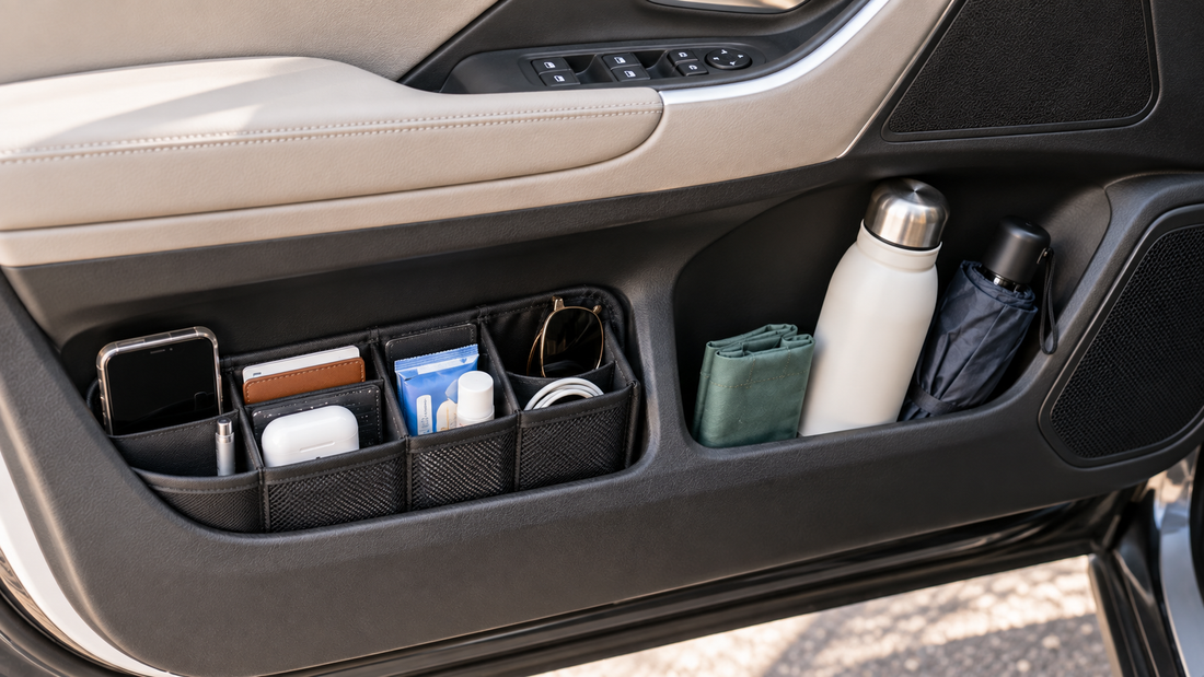 Car door pocket comparing divided organizer sections for small everyday essentials with an open pocket for larger flexible storage.