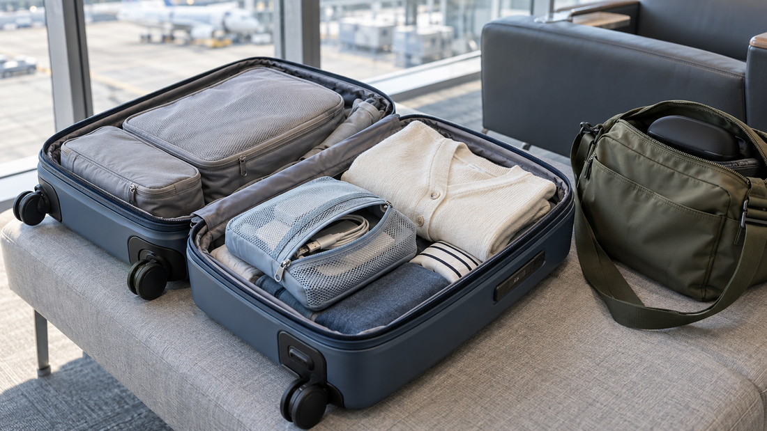 Open carry-on suitcase with packing cubes, an accessible blue mesh pouch, and a cardigan beside a personal bag in an airport lounge.