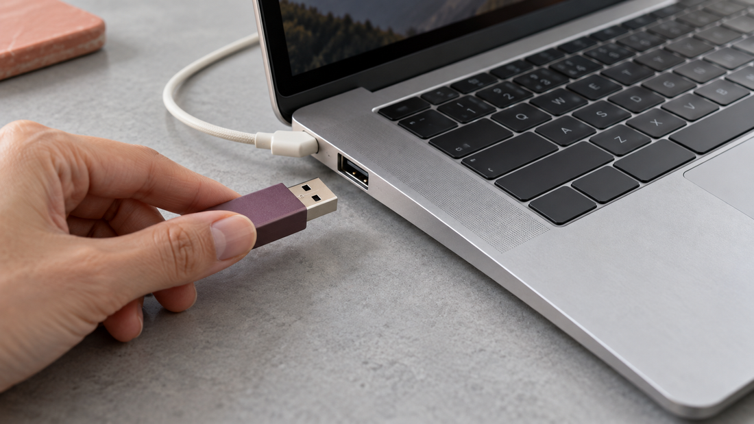Hand approaching a laptop USB port with a flash drive while the adjacent charging cable curves away from the connection area.