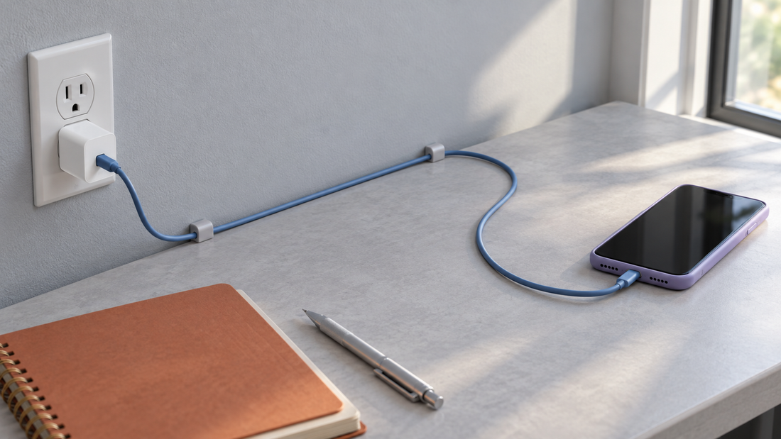 Blue charging cable routed through two cable guides from a wall charger to a smartphone, with a relaxed curve on a gray desk.