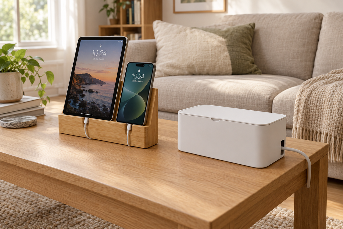 `Bamboo charging dock with tablet and smartphone on a coffee table beside a closed white cable management box`