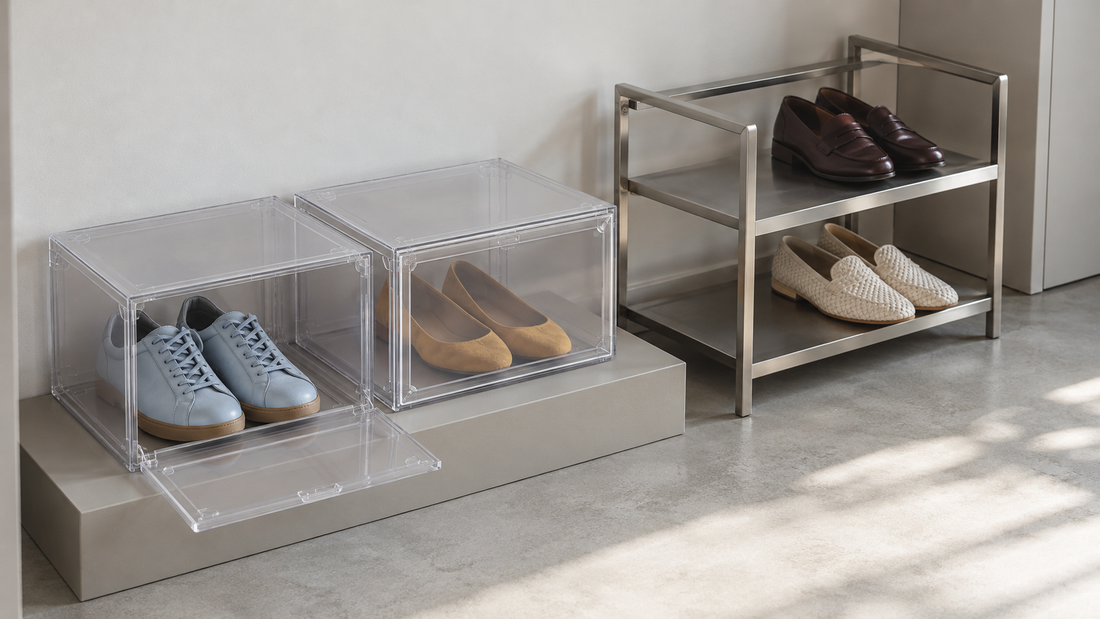 Clear front-opening shoe boxes sit beside an open metal shoe shelf, showing different retrieval methods and available clearance.