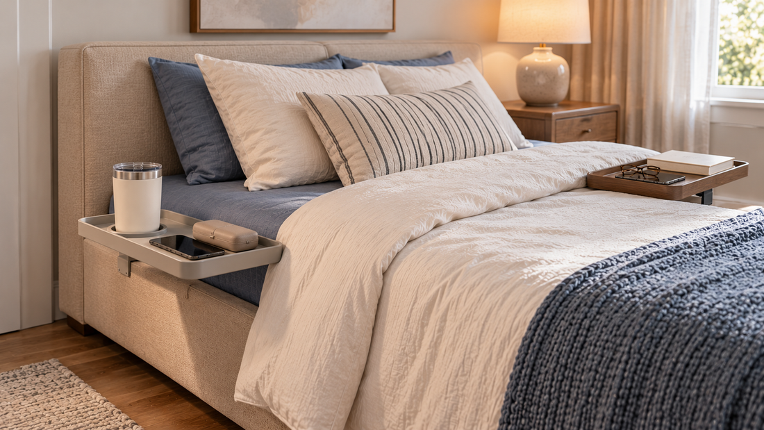 Clip-on bedside tray with a cup holder compared with a flat bedside tray for organizing everyday essentials beside the bed.
