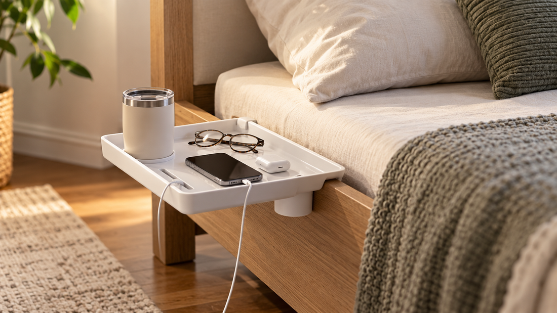 Clip-on bedside tray attached directly to a bed frame, creating accessible storage for a phone, glasses, earbuds, and nighttime essentials without a nightstand.