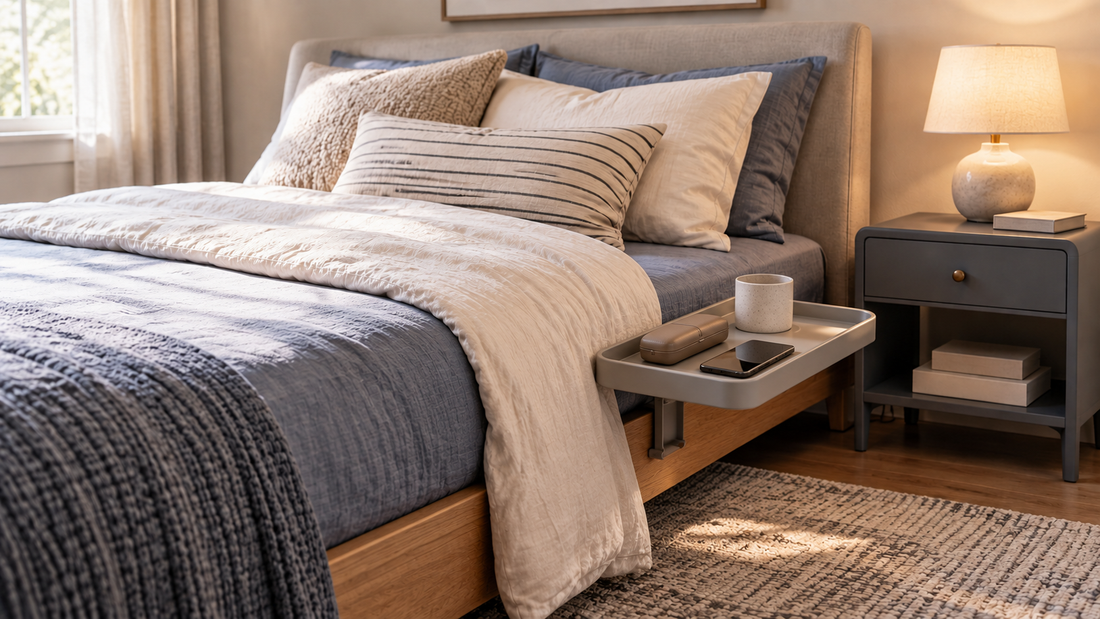 Clip-on bedside tray mounted outside the bed frame beside a traditional nightstand, comparing space-saving bedside storage in a small bedroom.
