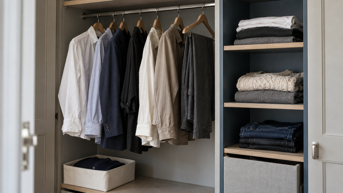 A shared closet combines hanging shirts and jackets with shelves for folded sweaters, T-shirts, and jeans beside a fabric drawer.