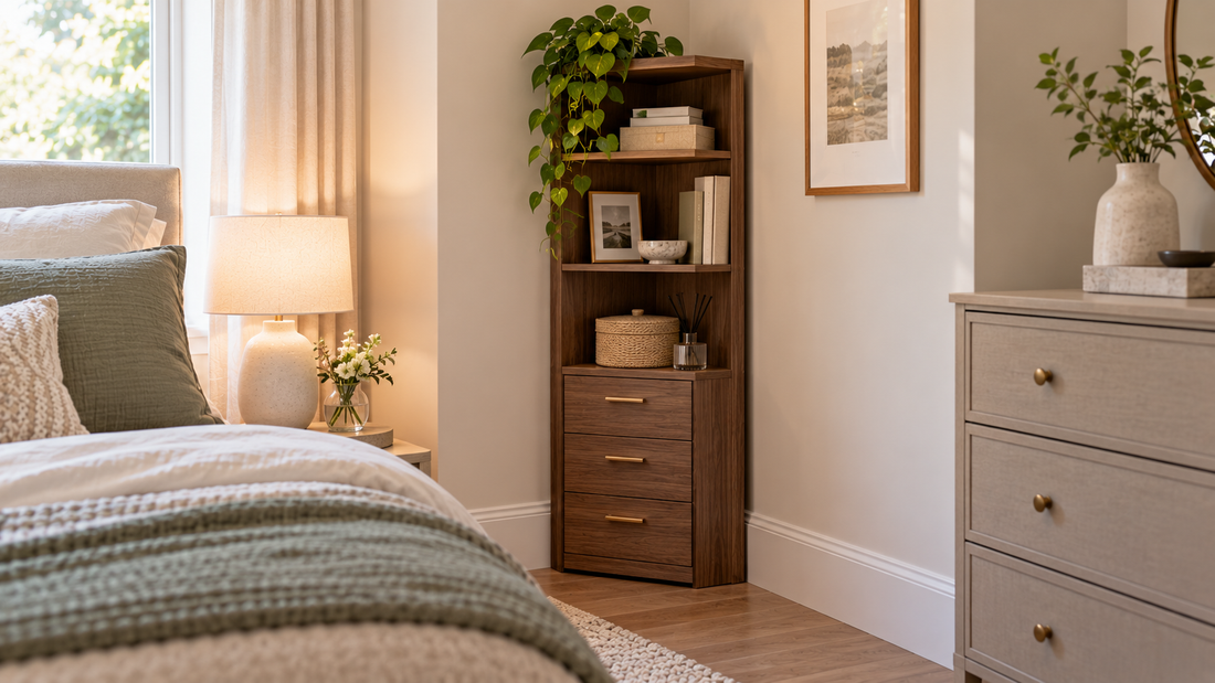Compact tall bedroom storage furniture using an empty corner while keeping the main walkway beside the bed clear.