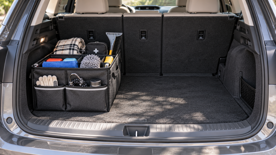 Compact trunk organizer containing frequently carried car essentials on one side while leaving most of the SUV cargo area open for larger loads.