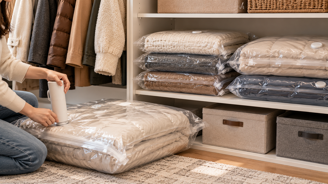 Compression storage bags reducing the space used by bulky seasonal clothes and bedding in an organized closet.