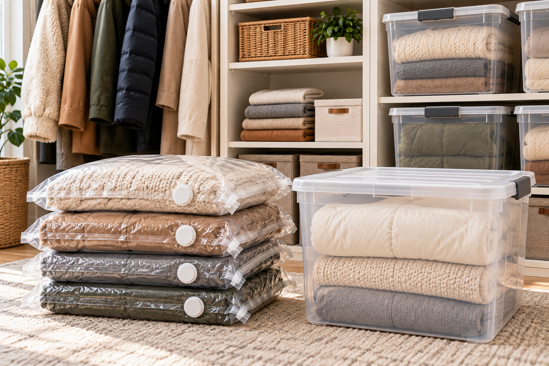 Compression storage bags beside a rigid storage bin in one closet scene, showing two ways to organize bulky seasonal clothes and bedding.