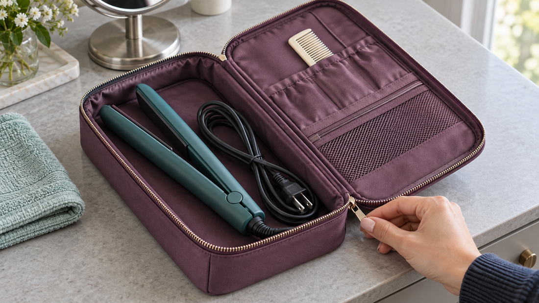 A cooled, unplugged hair straightener rests inside an open plum organizer with its handle and cord clear of the zipper path.